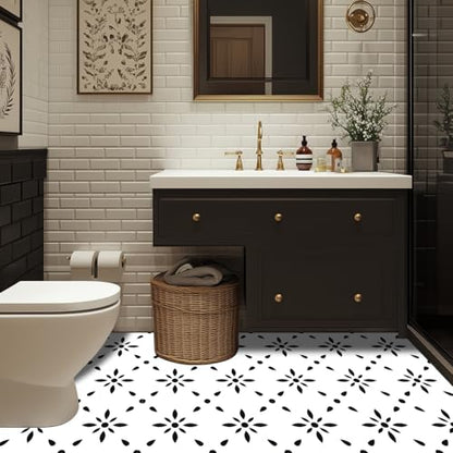 HOMETITUTE Black White Floral 12x12 Inch Peel Stick Vinyl Floor Tile - style: Black and White Floral