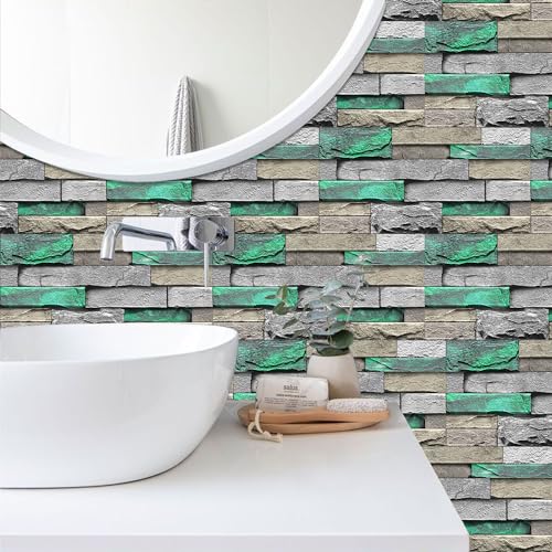 Alwayspon 24Pcs 12x6inch Peel&Stick Wall Sticker Vinly Wallpaper, Waterproof Backsplash for Kitchen Bathroom, Self-Adhesive Tile Transfers Decal Stick on Tiles with Light Green Stone Brick Effect - color: Fg-l16, size: 24 Pcs