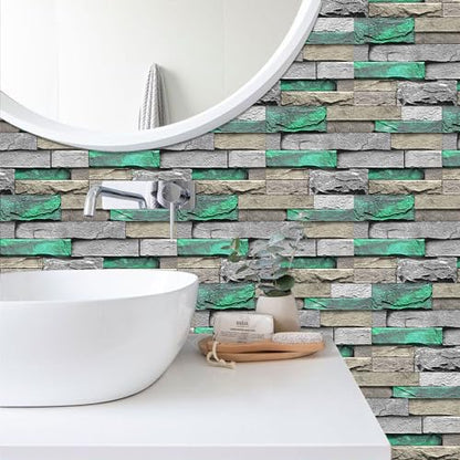 Alwayspon 24Pcs 12x6inch Peel&Stick Wall Sticker Vinly Wallpaper, Waterproof Backsplash for Kitchen Bathroom, Self-Adhesive Tile Transfers Decal Stick on Tiles with Light Green Stone Brick Effect - color: Fg-l16, size: 24 Pcs