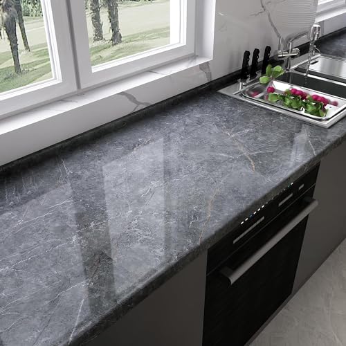 Gray Marble Contact Paper Peel Stick Grey Glossy Thick Granite Marble Wallpaper for Countertop 31.5x197 inch Waterproof Self Adhesive Furniture Stickers Kitchen Counter Bathroom Wall Vinyl Decor