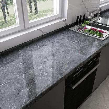 Gray Marble Contact Paper Peel Stick Grey Glossy Thick Granite Marble Wallpaper for Countertop 31.5x197 inch Waterproof Self Adhesive Furniture Stickers Kitchen Counter Bathroom Wall Vinyl Decor