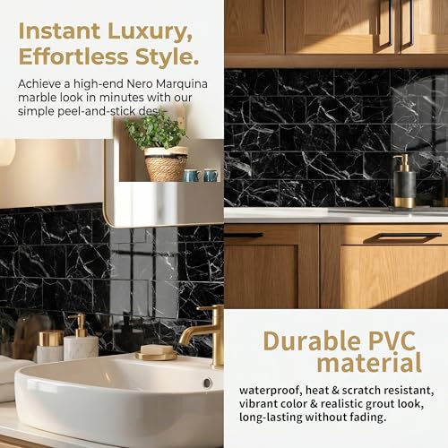 32 Sheets Nero Marquina Black Marble Peel and Stick Tile 4"x8" - color: Nero Marquina Black Marble, size: 32 Pcs 4" x 8" x 0.07"