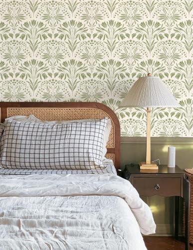 Green Tulip Floral Peel and Stick Wallpaper Retro Green Contact Paper - color: Green, size: 17.3" x 197"