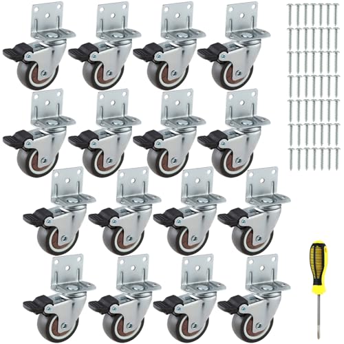 1.5 Inches Side Mount Caster Wheels Set of 16 L-Shaped Rubber Locking Swivel Casters Heavy-Duty Double Plate Castor with Brake Industrial Metal Wheels for Workbench, Furniture, Cabinet, Woodbox - style: 16-pack 1.5 IN/ With brake/ L-Shape