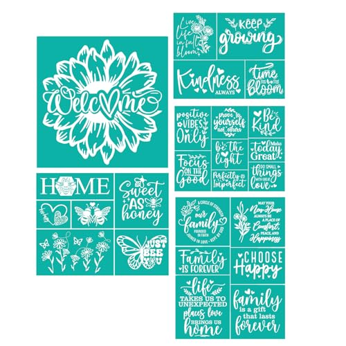 JAJADO 5Pcs Self Adhesive Silk Screen Stencils - Farmhouse Family Welcome Home Screen Print Mesh Stencils - Inspirational Faith Reusable for Painting on Wood Sign/Porch Sign/T-Shirt/Cup/Mug/Glass - color: 5 Pcs Family Inspirational Quotes