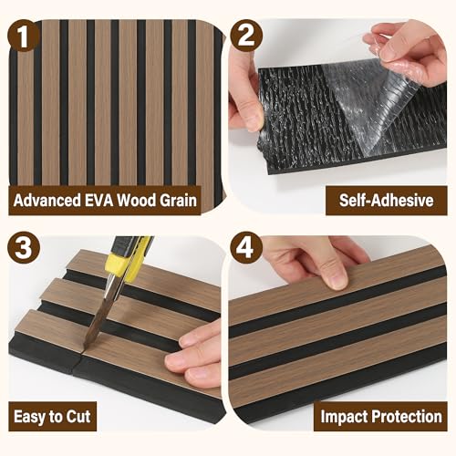 KASARO 5 Pieces Faux Wood Slat Wall Panel, Peel and Stick EVA Decor, Brown - color: Brown