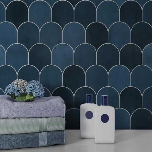10-Sheet Fish Scale Peel and Stick Backsplash Tile, 11.4" x 10.9" Stone Composite Scallop Handmade Looks Self-Adhesive Wall Tiles for Kitchen Bathroom, Blue Mixed - color: Blue Mixed, size: Fish Scale
