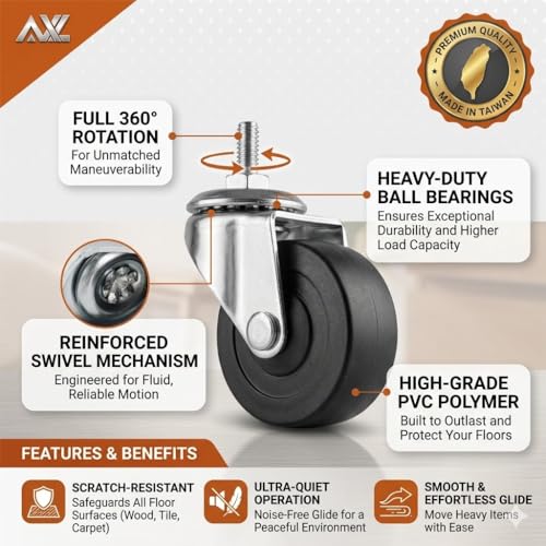 AXL 2" Caster Wheels, 1/4"-20 x 15mm Threaded Stem Casters with Brake, Standard US Coarse Thread, Quiet Rolling PVC Swivel Wheels for Furniture & Rolling Cart (4 Pack) - color: Black, size: 1/4" x 19/32"