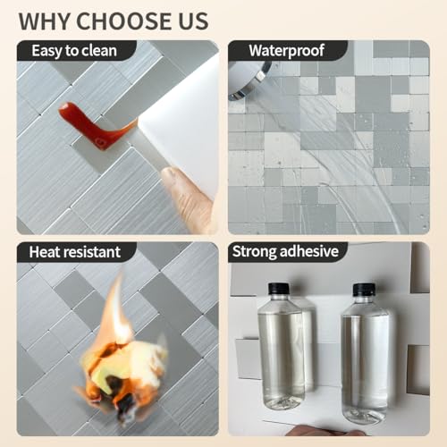 DICOFUN Metal Peel and Stick Tile Backsplash, Stainless Steel Kitchen Metal Backsplash Tile, Stick on Backsplash for Kitchen (1) - color: Brushed Silver, size: 1 Sheet, 12"x12"x0.12"