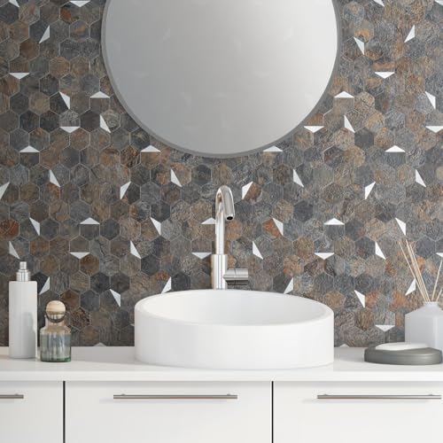 DICOFUN 1-Sheet 12"x12" Rust Slate Hexagon Tile Peel and Stick Backsplash, PVC Mixed Silver Metal Mosaic Tiles for Kitchen and Bathroom - color: Rust Slate + Silver Metal Chip, size: 1 Sheet, 12''x12''x0.12''
