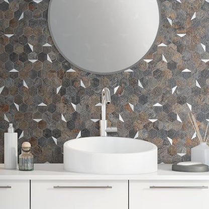 DICOFUN 1-Sheet 12"x12" Rust Slate Hexagon Tile Peel and Stick Backsplash, PVC Mixed Silver Metal Mosaic Tiles for Kitchen and Bathroom - color: Rust Slate + Silver Metal Chip, size: 1 Sheet, 12''x12''x0.12''