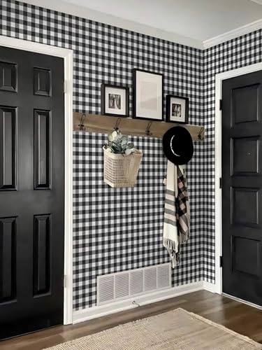 Checkered Wallpaper Black and White Wallpaper 17.3" × 196" Peel and Stick Modern Plaid Wall Paper for Cabinets Vinyl Renter Friendly Waterproof Self-Adhesive Bathroom Kitchen Bedroom - color: Black/White, size: 17.3" x 196"