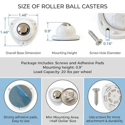 Self Adhesive Caster Wheels: 360° Swivel Bulk Pack (White, 8pcs - color: White, size: 8pcs