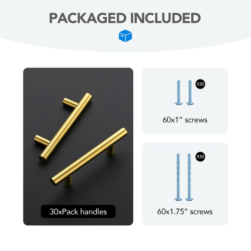 HOME EDIT Gold Cabinet Handles, Drawer Pulls, 3 Inch, 30 Pack - color: Brushed Brass, size: 3 Inch Hole Center