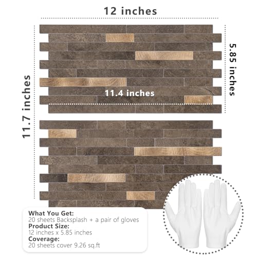 STICKGOO 20 Sheets Peel and Stick Backsplash Tile, Stick on Backsplash for Kitchen and Bathroom, Dark Brown Marble Look PVC Mixed Metal Gold Self Adhesive Wall Tiles - color: Dark Brown + Metal Gold