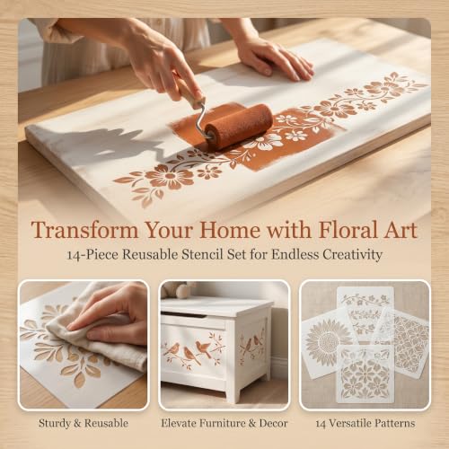 14 Pcs Floral Stencils, Reusable Flower Painting Stencils for Wood Wall