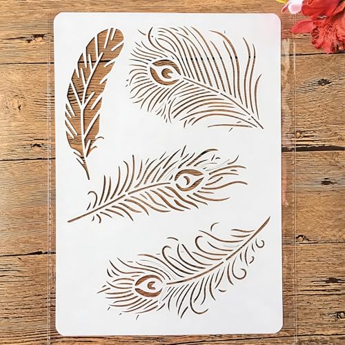 TIAMECH A4 Reusable Bird Peacock Feather Stencil for Painting - style: Peacock Feather