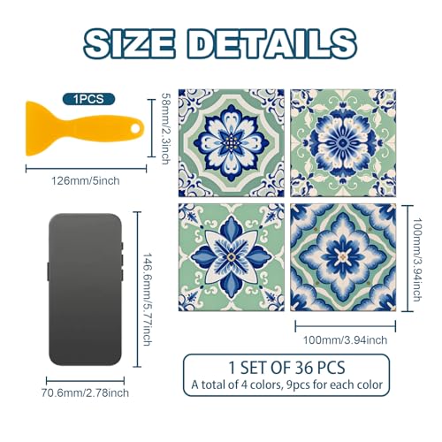 36 Pcs 4 Style Retro Pastoral Pattern Tile Stickers, 4x4inch - color: Blue-green Pattern