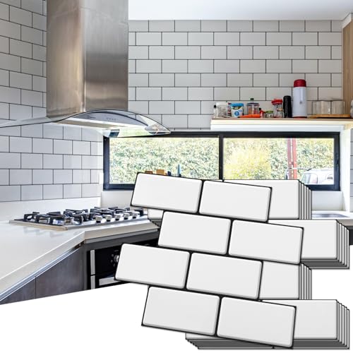 Art3d Faux Ceramic Subway Tile Peel and Stick Backsplash, 10-Pack, White - color: White with Black Grout