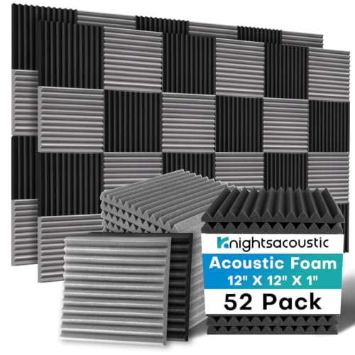 52 Pack Acoustic Foam Panels, 1 X 12 X 12 Inches Sound Proof Foam Panels for Walls, High Density Acoustic Panels Sound Absorbing, Black Grey Noise Cancelling Studio Wedges (NOT Include Adhesive) - size: 52P Grey+Black