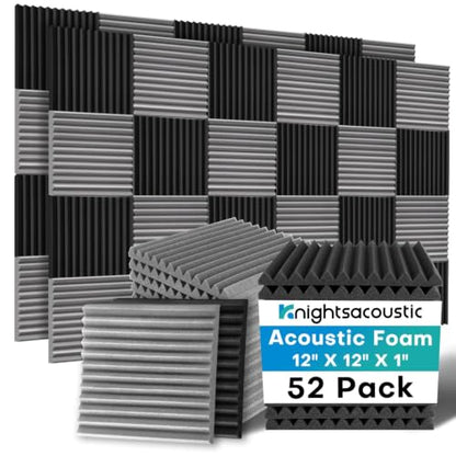 52 Pack Acoustic Foam Panels, 1 X 12 X 12 Inches Sound Proof Foam Panels for Walls, High Density Acoustic Panels Sound Absorbing, Black Grey Noise Cancelling Studio Wedges (NOT Include Adhesive) - size: 52P Grey+Black