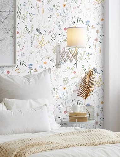 Dimoon 236"x16.1" Floral Peel and Stick Wallpaper White Contact Paper Thicken Wallpaper Delicate Flower Waterproof Green Leaf White Self Adhesive Removable Wall Paper Shelf Liner Vinyl Roll - color: White-Smooth, size: 16.1" x 236"