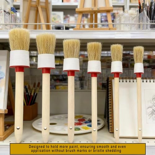 Markeny 6Pack Wood Handle Round Head Paint Brush Set Bristles Smooth Bristle Round Brushes Tool for Stencils DIY Painting Waxing Home Decor