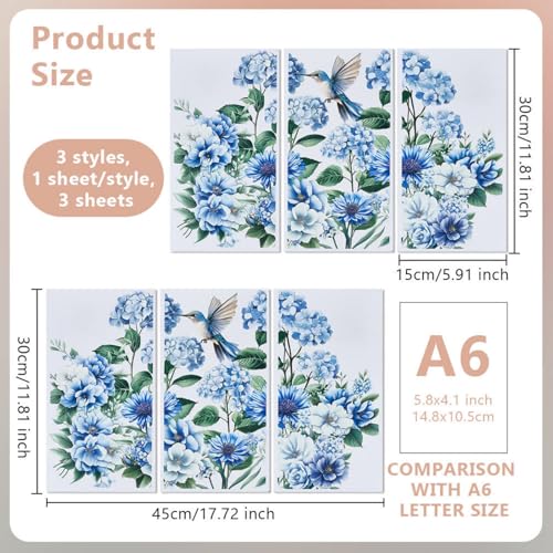 OLYCRAFT 3pcs/Set Blue Flowers Rub on Transfers for Furniture and Crafts 6x12 inch Hydrangea Hummingbird Furniture Decals Chrysanthemums Transfer Stickers Rub on Decals for Wood Home Decor - style: Blue Flower