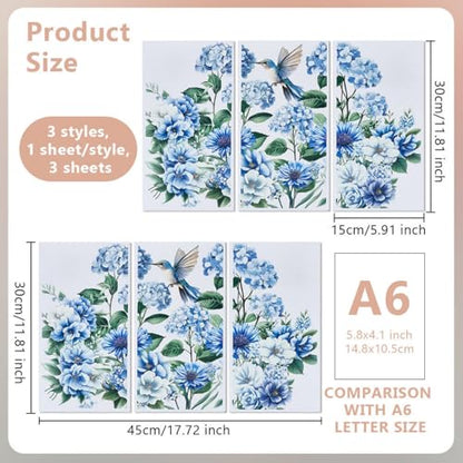 OLYCRAFT 3pcs/Set Blue Flowers Rub on Transfers for Furniture and Crafts 6x12 inch Hydrangea Hummingbird Furniture Decals Chrysanthemums Transfer Stickers Rub on Decals for Wood Home Decor - style: Blue Flower