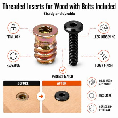 32 Sets Threaded Inserts for Wood with Bolts, 1/4-20 Furniture Insert Nuts Kit, Heavy Duty Screw Inserts for Wood, Metal Threaded Inserts for Furniture Repair, Bed Frame, Chairs, Cabinets