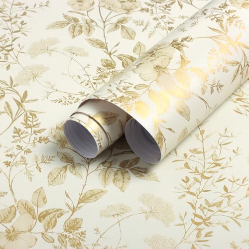Erfoni Boho Floral Peel and Stick Wallpaper Floral Leaf Contact Paper - color: Gold, size: 16.9" x 197"