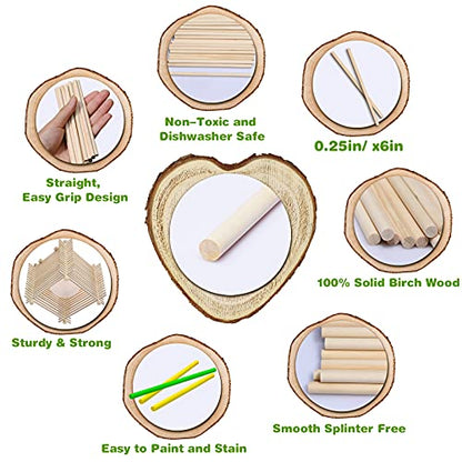 Wooden Dowel Rods, 100PCS 1/4 x 6 Inch Round Wooden Sticks for Arts Crafts, Home Decor, Cake Support, Photo Booth Props, Unfinished Natural Hardwood Sticks - size: 1/4 x 6 Inch (100PCS)