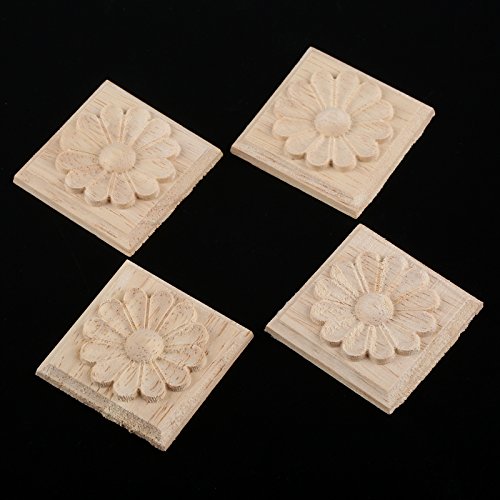 4Pcs Wood Carved Appliques Onlays, Square Carving Decals for Furniture - size: 3.15 x 3.15 inches