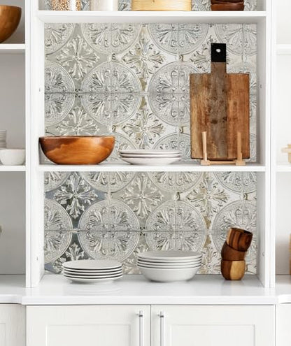 Peel and Stick Metal Backsplash Tiles, Silver Fleur, 10-Pack - style: Silver Fleur