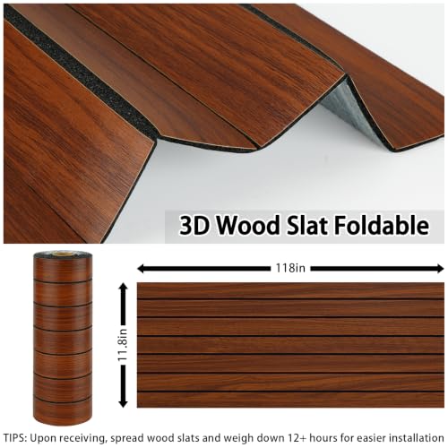 3D Red Brown Wood Self Stick Slat Wall Panels Acoustic Wood Panel - color: Red, size: 12×120"