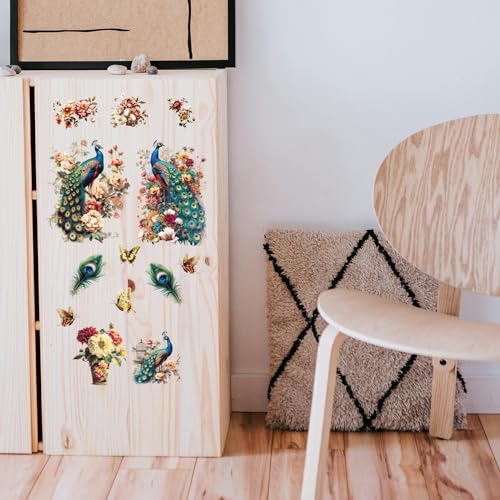 GLOBLELAND 3 Sheets Flower Peacock Furniture Transfer 6x12inch Butterfly Vase Rub on Transfer Self-Adhesive Wall Art Decals for Bedroom Living Room Desk Table Decoration - style: Peacock and Flower