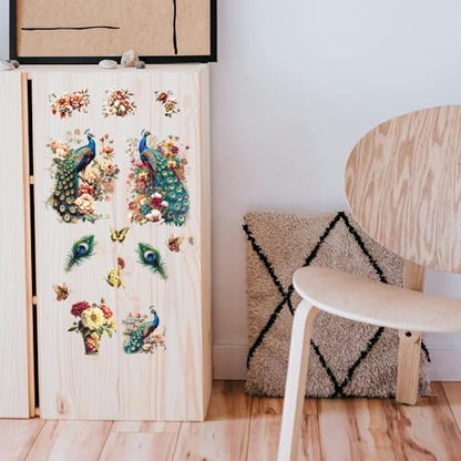 GLOBLELAND 3 Sheets Flower Peacock Furniture Transfer 6x12inch Butterfly Vase Rub on Transfer Self-Adhesive Wall Art Decals for Bedroom Living Room Desk Table Decoration - style: Peacock and Flower