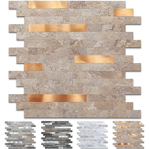 Midcard 10 Sheet Peel and Stick Backsplash Tile, Stick on Tiles for Backsplash Kitchen, Bathroom, Laundry Room, Camper, Fireplace. - color: 20Trapezoidal Dark Beige With Copper