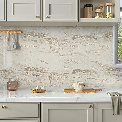 VaryPaper 15.7''x78.7'' Glossy Marble Wallpaper, Beige-Grey-Gold, Peel and Stick, Self-Adhesive, Thick, Durable, Removable, Waterproof, for Countertops, Kitchen, Bathroom, Desk, DIY Projects - color: Glossy-Beige Grey Gold, size: 15.7" x 78.7"