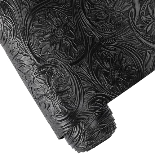 54×11.9 Inch Solid Color Embossed PU Leather Sheets Textured Vintage Floral Pattern PU Leather Fabric Sheets for DIY Earrings Upholstery Sewing Crafts Purse Bag Making (Black) - color: Black