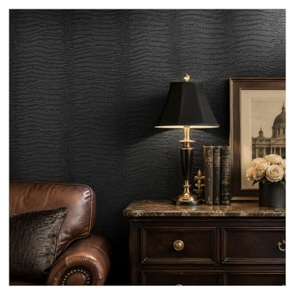 Black Peel and Stick Wallpaper, 15.7'' X 118'' Crocodile Wallpaper - color: Black Crocodile, size: 15.7" x 118.1"
