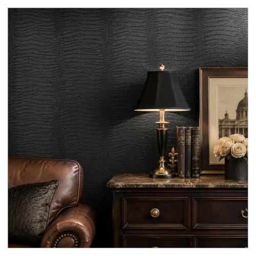 Black Peel and Stick Wallpaper, 15.7'' X 590'' Crocodile Wallpaper - color: Black Crocodile, size: 15.7" x 590"