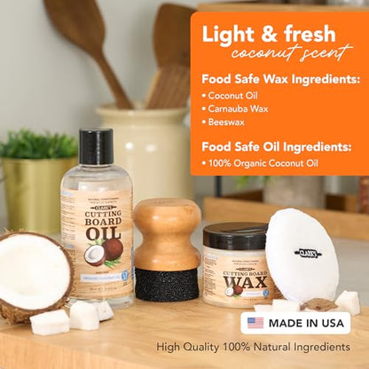 CLARK'S Coconut Cutting Board Finishing Kit - Refined Coconut Oil (12oz), Wax (6oz), Applicator and Buffing Pad - Butcher Block Oil and Wax - style: Coconut Oil Extracts
