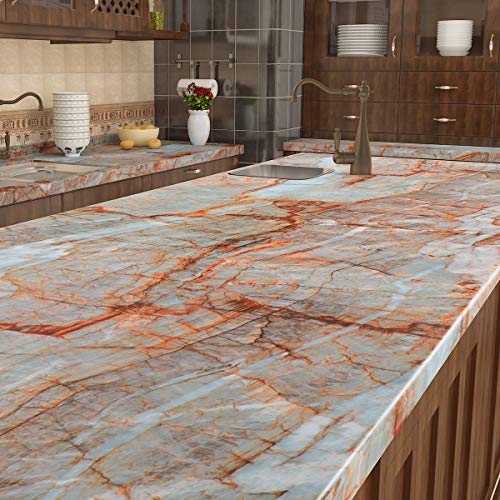 Livelynine 15.8"X197" Teal Marble Wallpaper Peel and Stick Countertop Waterproof Marble Contact Paper for Countertops Bathroom Self Adhesive Counter Top Vinyl Wrap Kitchen Table Desk Covers Counters - color: Blue Marble Contact Paper, size: 15.8" x 197"