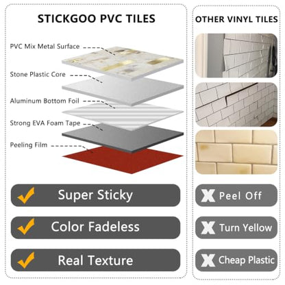 STICKGOO 20 Sheets Peel and Stick Backsplash Tile, Stick on Backsplash for Kitchen and Bathroom, Pandora Marble Look PVC Mixed Metal Gold Self Adhesive Wall Tiles - color: Pandora Marble + Metal Gold