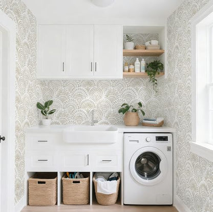 Safiyya Peel and Stick Wallpaper Boho Contact Paper 17.3"x 393" Beige and White Modern Wall Paper Self Adhesive Removable Wallpaper for Bedroom Vinyl Rolls - color: Beige and White, size: 17.3" x 393"