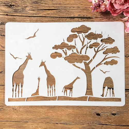 TIAMECH A4 Reusable Savanna Tree African Giraffe Stencil for Painting - style: African Giraffe
