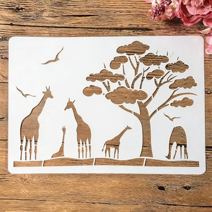 TIAMECH A4 Reusable Savanna Tree African Giraffe Stencil for Painting - style: African Giraffe