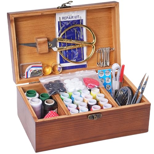 Wooden Sewing Kit Box, Wooden Sewing Box with Sew Kit Accessories - color: Retro Dandelion