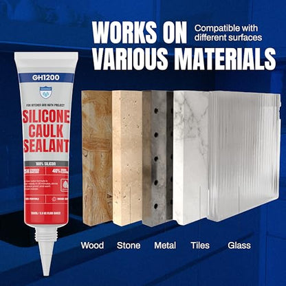 GH1200 White Silicone Sealant - 150 ML/5 FL Oz Waterproof Sealant for Kitchen & Bathroom - Shrink & Crack Proof Silicone Caulk - Indoor & Outdoor Use Sealant - Strong Formula Silicone Adhesive Tube
